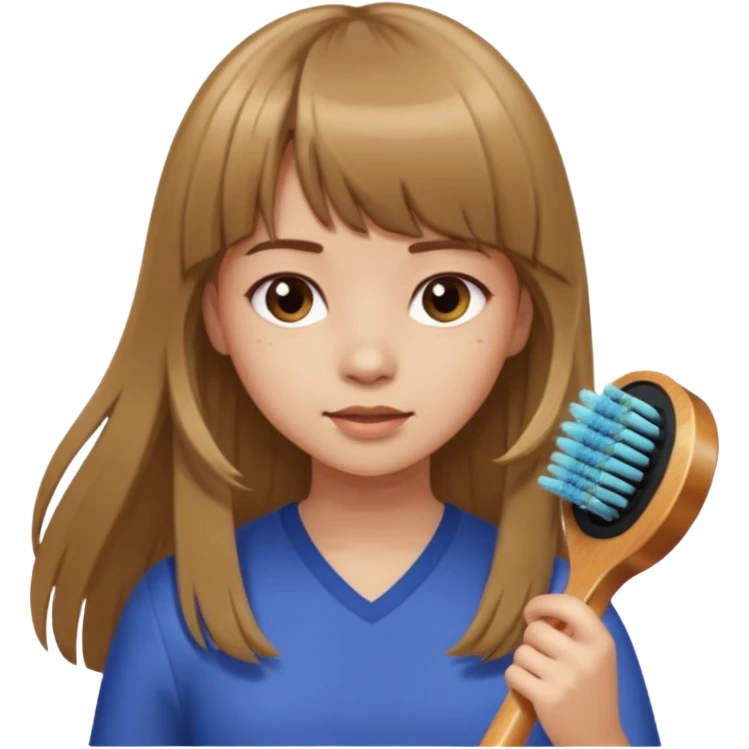 a girl with light skin and medium brown long hair with bangs who is brushing her hair emoji