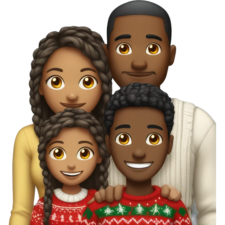 Black family of four members with Dad, Mom, Son, and Daughter. The Son and Daughter are teenagers. The Mom has braids. The Dad is light skinned.All family members are wearing Christmas sweaters and Santa hats.  emoji