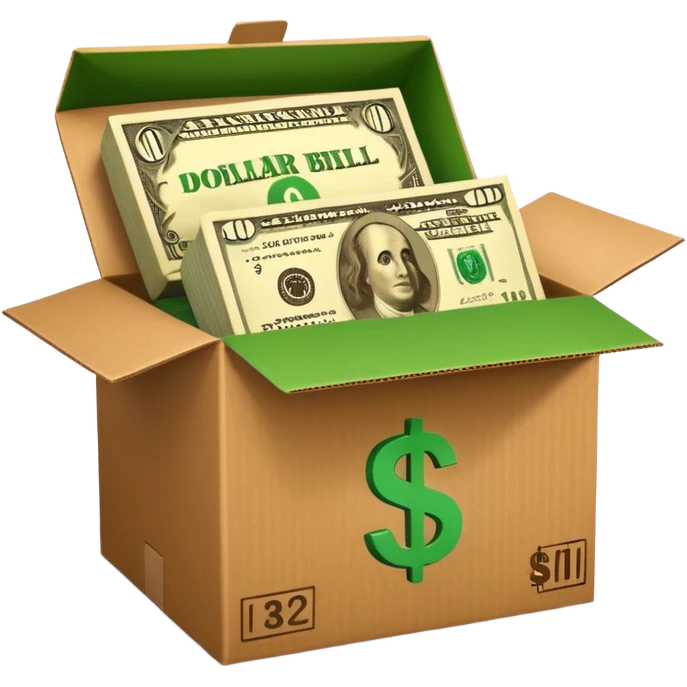 a shipping box with a single green cash bill with a dollar sign on it in front of it emoji