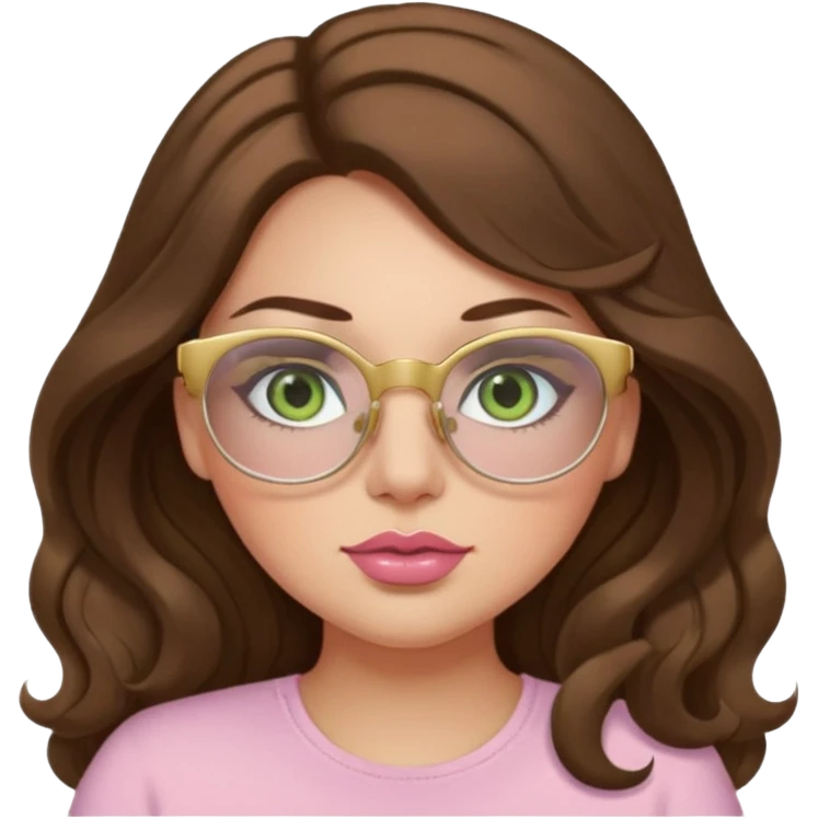 Girl girl long wavy brown hair, pale green eyes, plus size, thick eyelashes, tan skin, pale pink lips. Gold glasses emoji