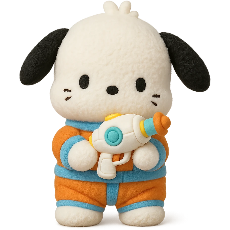 Pochacco holding a cute toy blaster, white with black ears, wearing an orange and blue astronaut suit, plushy Popmart doll style, playful and adorable emoji