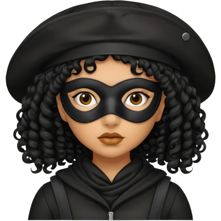 woman with robber mask concerned curly hair and robber outfit hat emoji