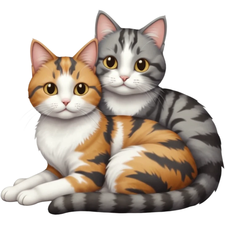 full body colourful light patched calico + white tabby cat cuddling a big dark grey and white tabby cat  emoji