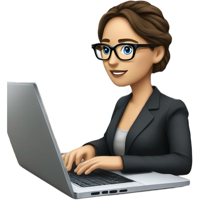 Realistic Photo of Brunette Jennifer Lawrence wearing black glasses and blue eyes talking on their laptop  emoji