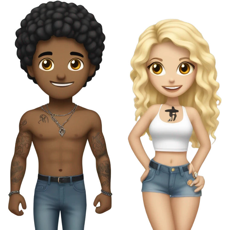 A black hair boy with tattoos with a blonde girl wearing a Shakira lace up croc top  emoji