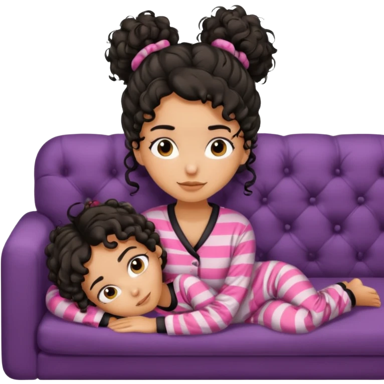 Tan girl, black curly messy hair in bun lying on couch in pjs emoji