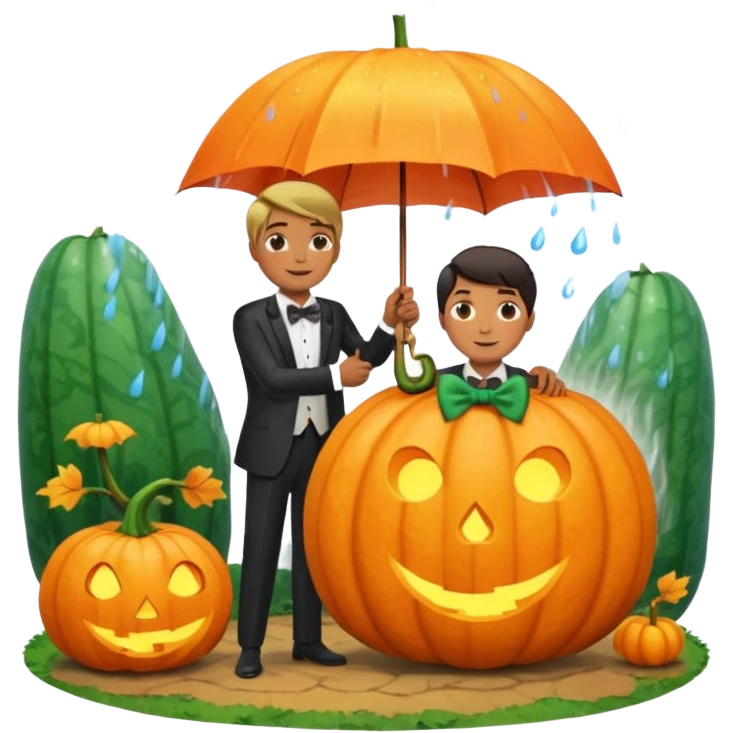 Make a guy hugging a giant pumpkin with a fork in his right hand while there's fire while there's a lady watching while it's raining while there's an umbrella on the ground that's alive and the sun has a bow tie on his neck emoji