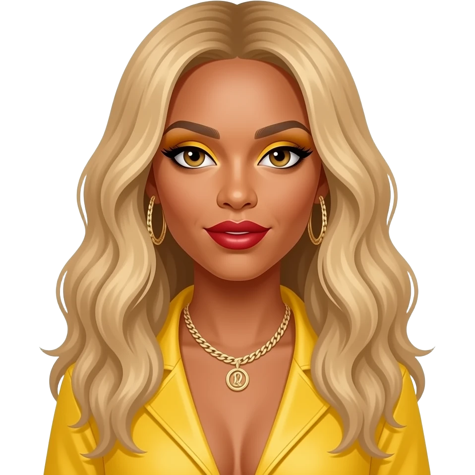 Beyonce with hazel eyes, long strawberry blonde hair, yellow eyeshadow, red lipstick, yellow r&b idol outfit, necklace and earrings emoji