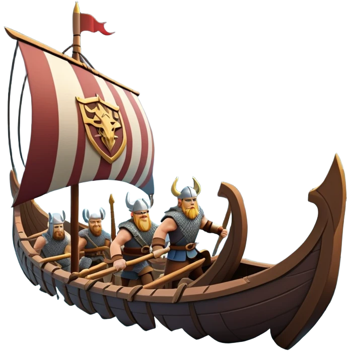clash-of-clans-aesthetic_-cinematic-viking-longboat, rendered in a flat, bold vector style with minimal shading, featuring a striking dragon-headed prow slicing through icy, churning waters. shields on the side and vikings rowing The longboat’s intricately detailed shields and carved motifs evoke a sense of epic adventure and Nordic might, with billowing sails catching a dramatic, stormy sky backdrop. emoji