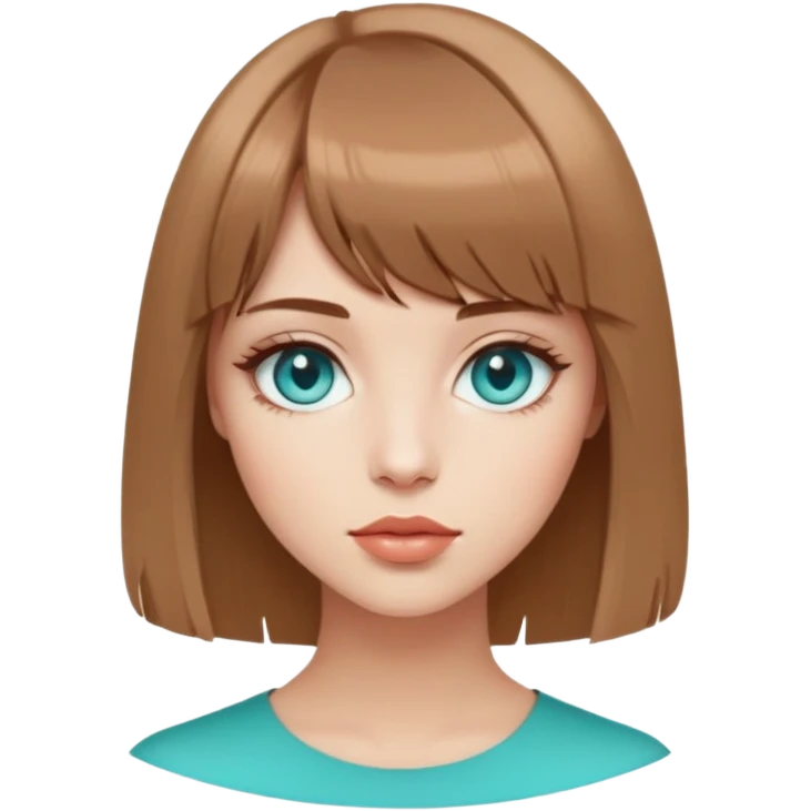 
I am a girl with turquoise eyes, thin lips, and light brown hair. My hair is a bob-asymmetrical, on the left side the hair ends where the ear is, and on the right side the hair reaches the shoulder. I have bangs, they are also asymmetrical, shorter on the left, longer on the right. emoji