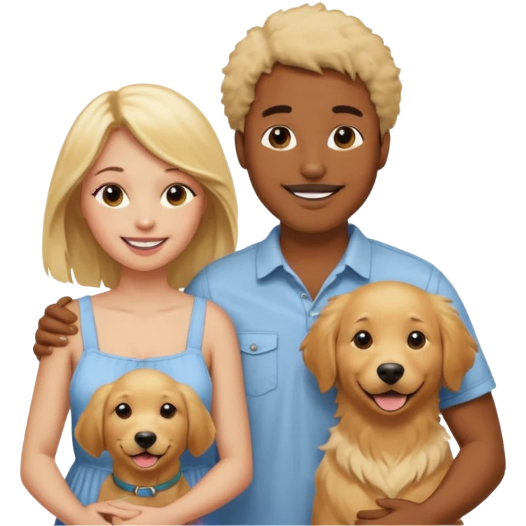 Um homem negro, uma mulher loira e um Golden retriever  emoji