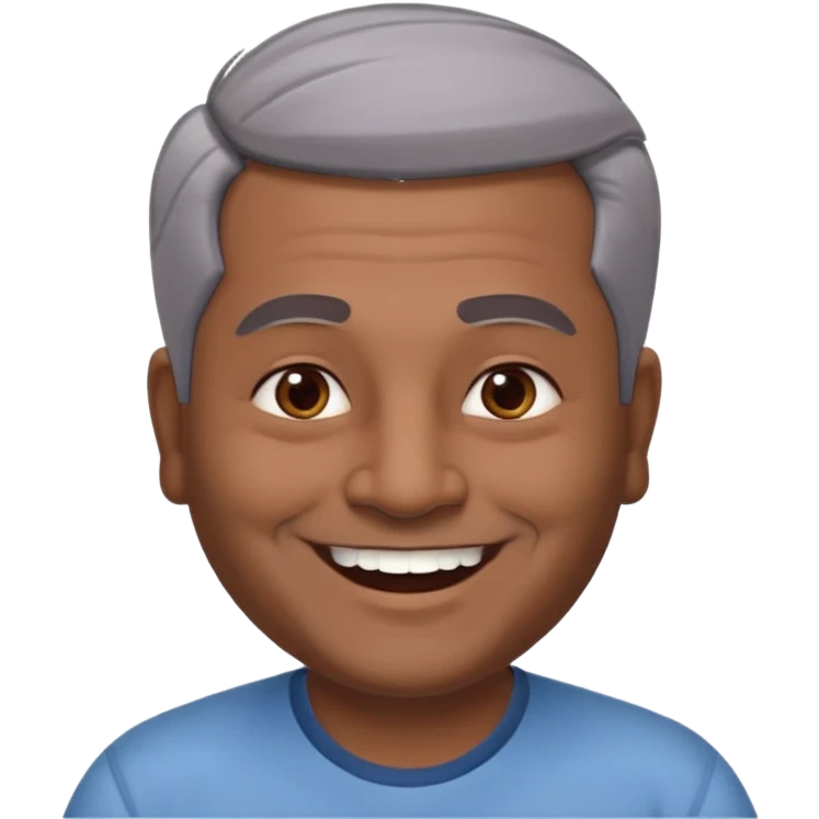 50 yr old indian man, dark skin, grey hair, big smile, white teeth, chubby, no moustache, clean shaven, young style hair, hair brushed back, 5 oclock shadow emoji
