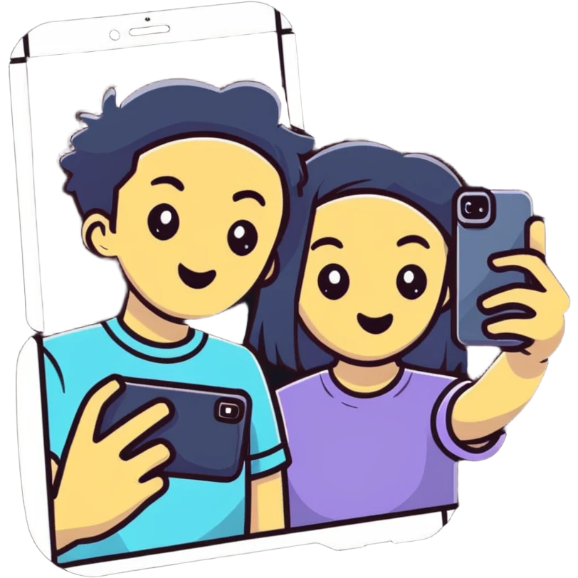 Two best friends taking a selfie together with Instagram frame, holding a phone, Instagram worthy emoji