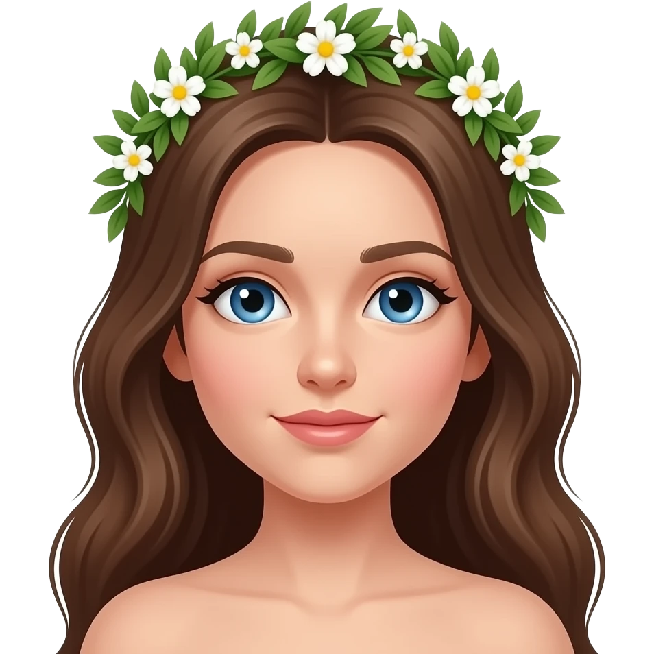 Ragazza occhi azzurri capelli castani lunghi  corona alloro con fiori piccoli bianchi solo in testa emoji