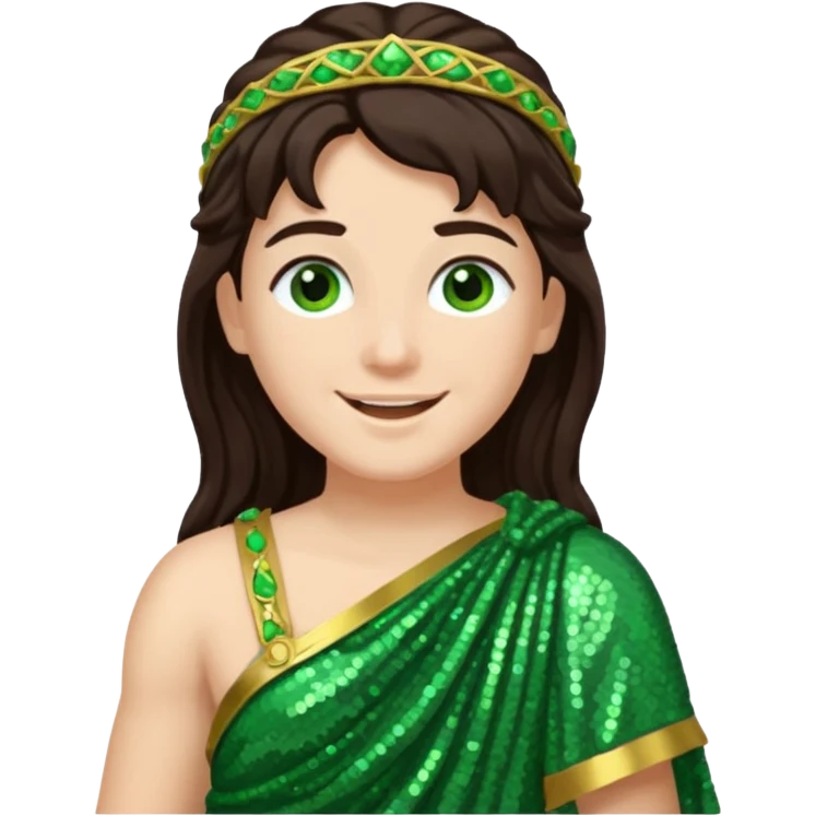 Juno from Roman Deities with long dark brown hair, green sequin toga emoji