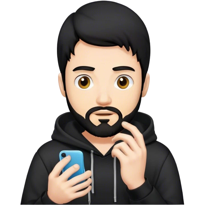 hackeur blanc cheveux noir barbe et capuche noir avec iphone emoji