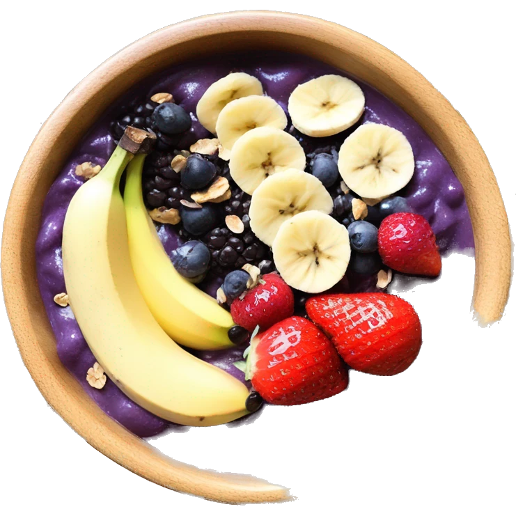 acai bowl in a wood bowl with bananas nutella strawberries granola honey  emoji
