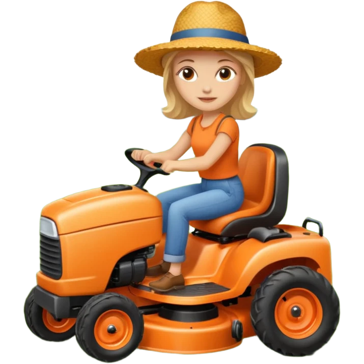 White woman without glasses wearing a straw hat, on old orange ride on lawn mower.  emoji