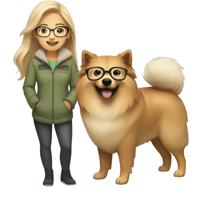 Brown light hair woman aux Green eyes with glasses Green eyes and Light sand  eurasier dog  emoji
