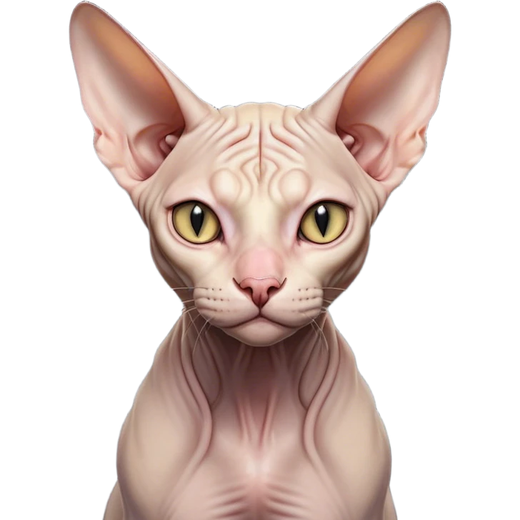 Cinematic Grumpy Sphynx Cat Portrait Emoji, Head tilted slightly with a deeply unimpressed expression, smooth, wrinkled skin with pronounced facial folds giving a permanent look of disapproval, large ears standing tall, piercing eyes narrowed into an unamused glare, Simplified yet comically expressive features, highly detailed, glowing with a dry, sarcastic glow, high shine, effortlessly judgmental yet dignified, stylized with a touch of cynicism, bright but brooding, soft glowing outline, capturing the essence of an eternally unimpressed yet endearing feline, so lifelike it feels like it could sigh heavily at you in disdain at any moment! emoji
