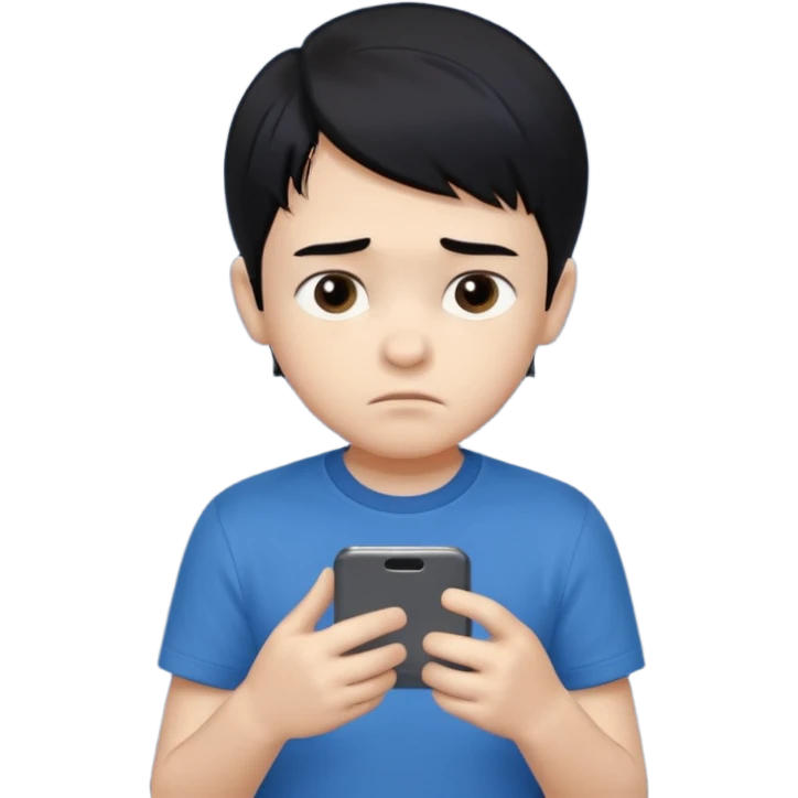 un niño de entre 3 - 10 años jugando con su celular, cansado en una habitacion apagada, el niño tiene piel blanca y cabello negro (hombre)

 emoji