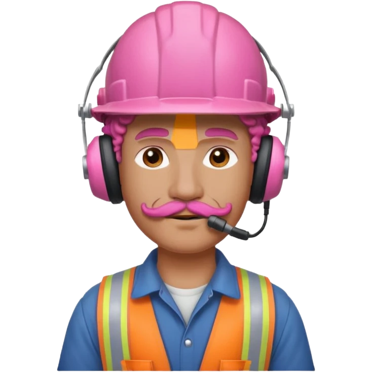 construction worker with pink curly hair and protective headphones and mustache emoji