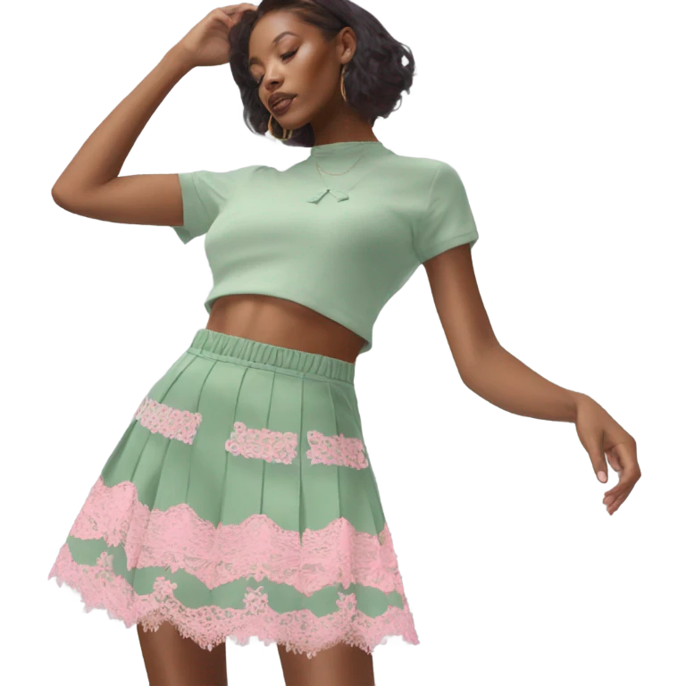 Sage green a-line mini skirt with pink lace and bows and embroidery, isolated emoji