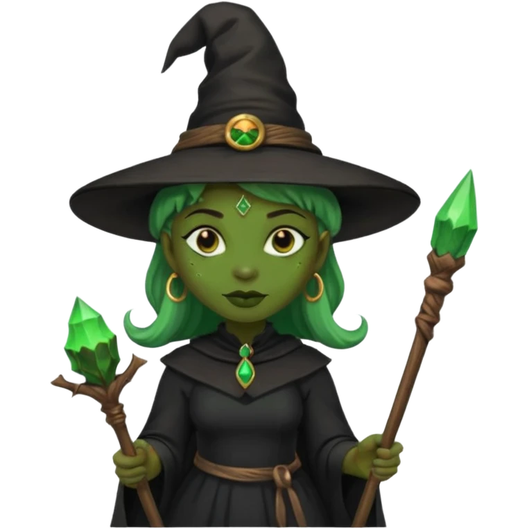 ведьма-африканка с зеленой кожей просто в черном платье и черной ведьминской шляпе с посохом emoji