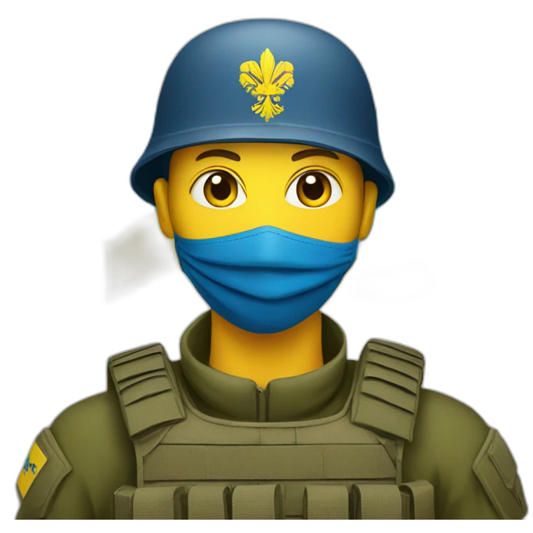 ukrainian soldier face in a mask with a ukrainian flag on the backgroun emoji