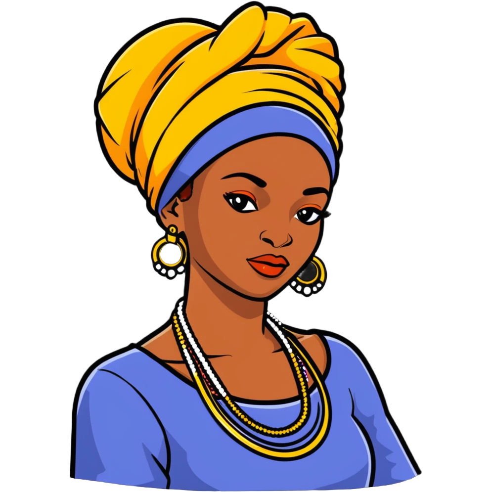 Fashionable African woman with designer clothes, stylish headwrap, statement jewelry and confident pose emoji