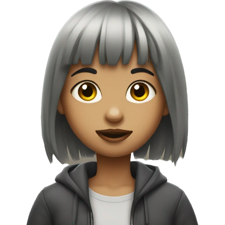 A girl with a wolfcut and bangs eating the city emoji
