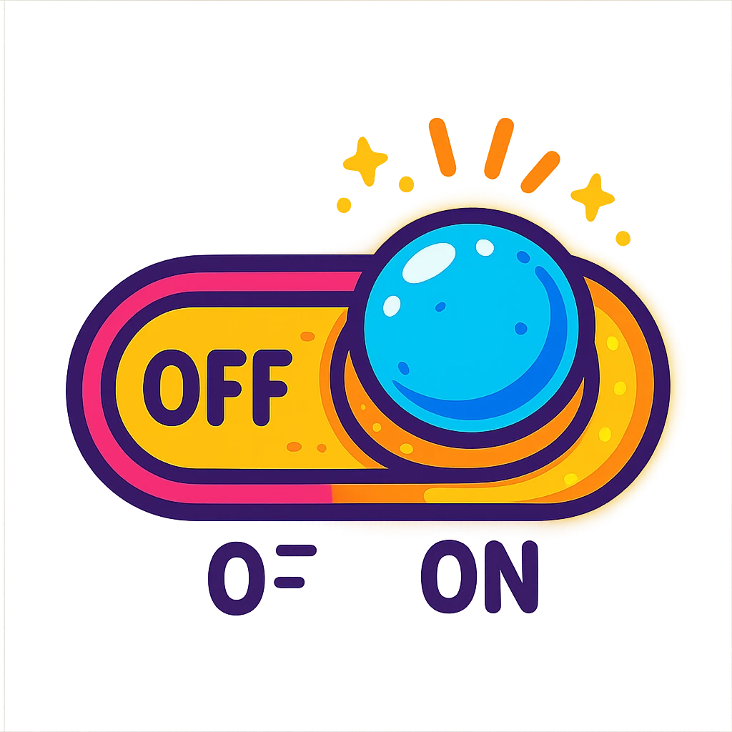 cartoon-style toggle switch button, vibrant colors, playful, ON/OFF label, glowing, event system theme emoji
