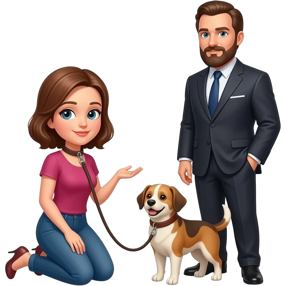 Soumise collier au cou, laisse au collier du cou,a genoux au pied de son maître non barbu et lui debout en costume classique emoji