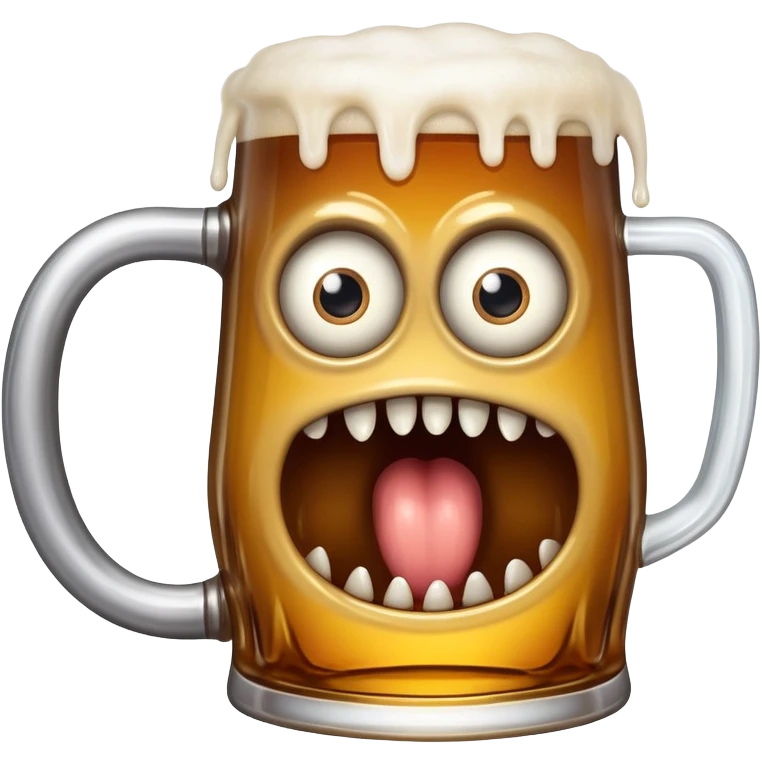 A wobbly beer tankard with eyes and teeth like a mimic monster, overflowing with beer emoji