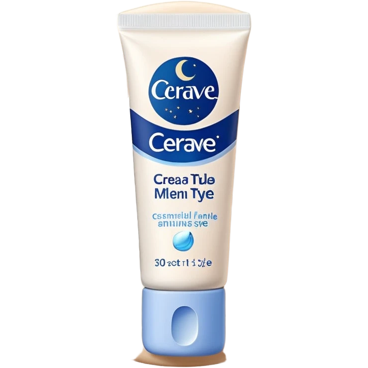 Small white CeraVe tube with blue label soft beige tip, with gentle light. Surrounded by tiny floating tear-shaped sparkles and crescent moon dust, hinting at dark circle repair. Emits a soothing blue-beige aura like a targeted eye revival spell. Compact, calming, and luminous — emoji-style. emoji