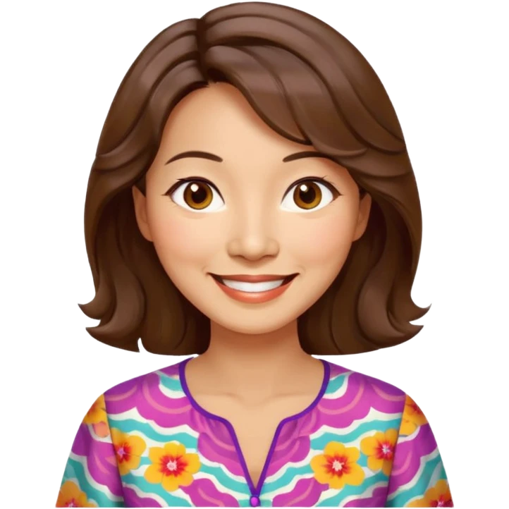 Chinese woman 48 years old, cheerful lively expression, wavy shoulder-length hair dyed brown, brown eyes, colorful printed blouse emoji