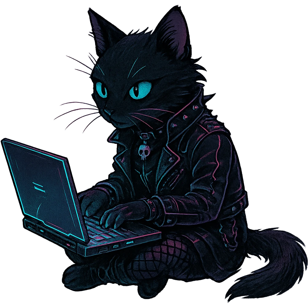  [[[it's a black cat typing at a laptop]]], , punk gothic style, futuristic cyberwave cyberpunk, sitting position
 emoji