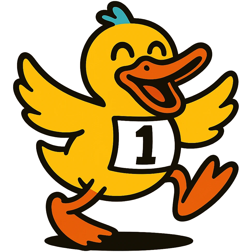 Add a bold racing number to the energetic, vibrant toon style dancing cartoon duck emote for a duck race. Make sure the number is clearly visible and fits the emote style. emoji