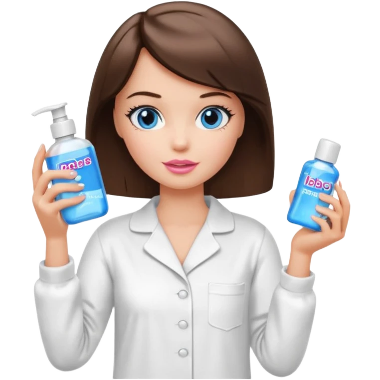 Barbie girl with makeup, blue eyes , and bob haircut, short brown hair in white pajamas, face gel in hand emoji