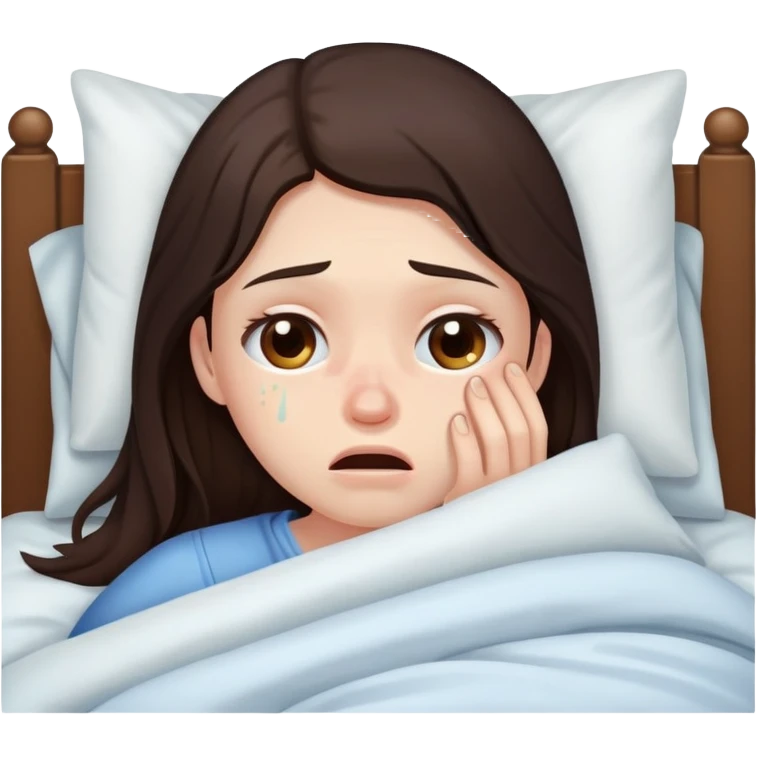 girl with long dark brown hair brown eyes and pale skin with acne crying in bed tired sick emoji