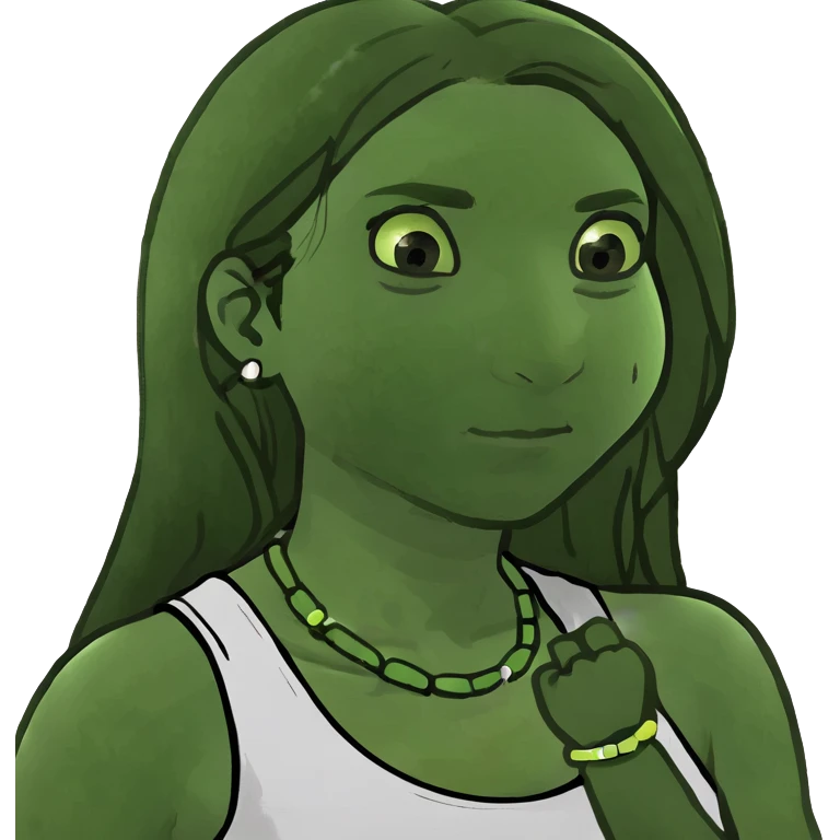 A woman with a round face, big round nose, long straight brown hair, and brown eyes, wearing a white tank top. She has a smooth, simple appearance and bright, clear features with pale,light, skin. emoji
