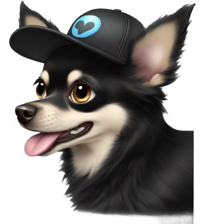 cute black long fur Chihuahua held by old blue eyes man with goatee and ball cap emoji
