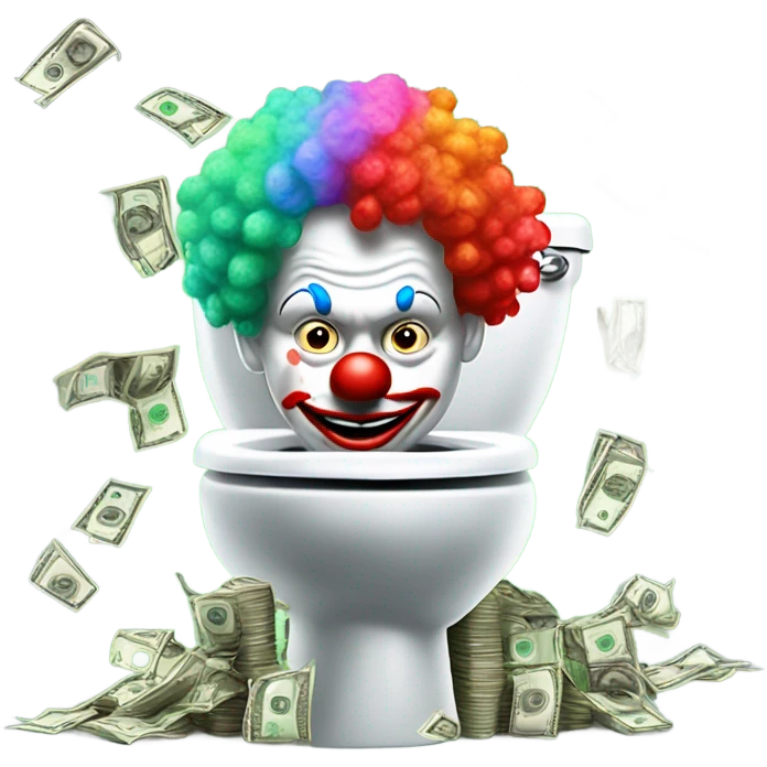 stupid smiling clown man standing over a toilet, throwing green hundred dollar bills into the toilet emoji