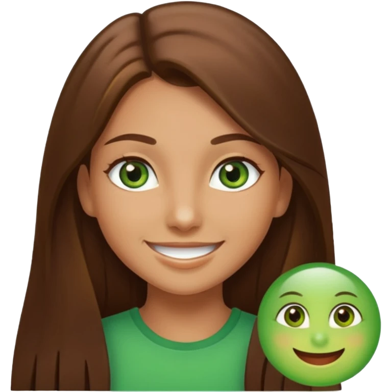Tan girl emoji with straight long brown hair and green eyes emoji