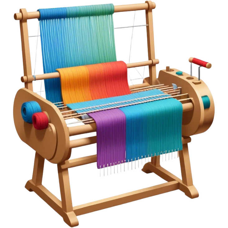 Weaving icon, loom with colorful fabric being woven, visible shuttle, spools of yarn, fabric swatches, sewing patterns, and finished clothes, minimalistic style, clean lines, transparent background. emoji