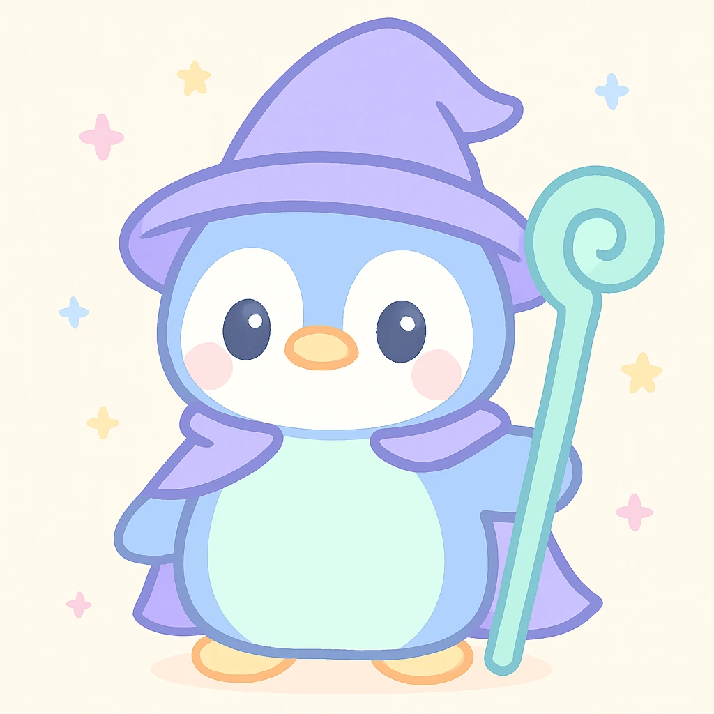 a penguin dressed as a wizard, with a pointed hat and a magic staff, in a fun and whimsical style emoji