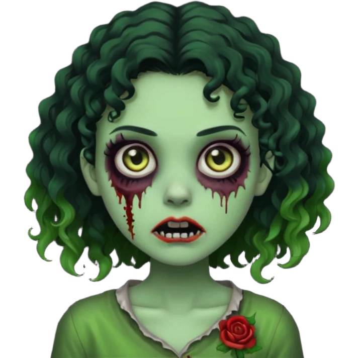 uma garota zumbi assustadora da pele verde e com cabelo 3b cacheado repartido ao meio preto curto ate o ombro emoji