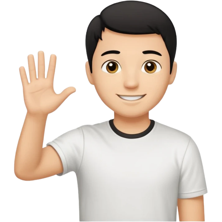 joven trigueño corte de pelo muy cortito polera blanca sonrisa bonita saludando mano arriba emoji