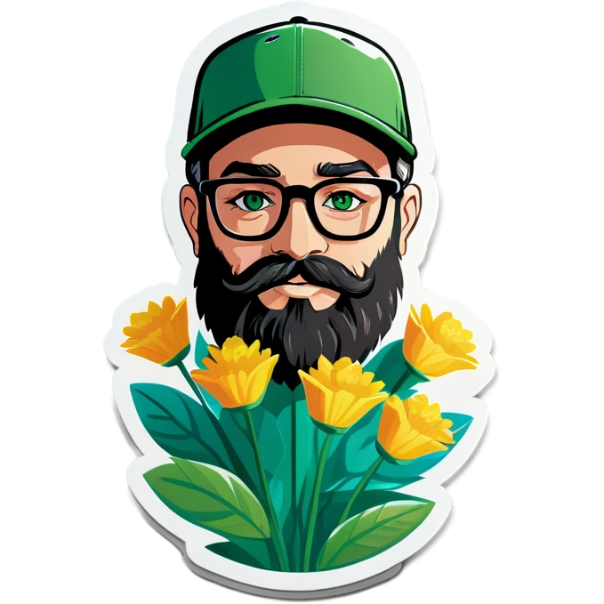 A bold man with a grey baseball cap, green eyes, big beard and glasses, holding flowers emoji