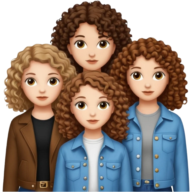 3 white girls, all of off this with brown hair but one whit straight one whit curly and one whit very curly(aesthetic)and chic clothes y2k, this girl have around 14 years emoji